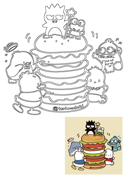 Cartoon characters stacking on a giant hamburger. Features cute characters around it, creating a fun and whimsical illustration. 