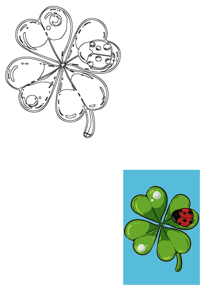 Illustration of a four-leaf clover with a ladybug perched on one leaf. Symbol of good luck. 
