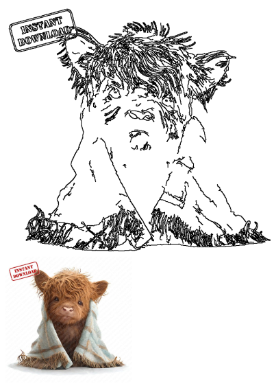 Adorable brown Highland calf wrapped in a cozy blue blanket, complete with a red 'Instant Download' stamp on its head.