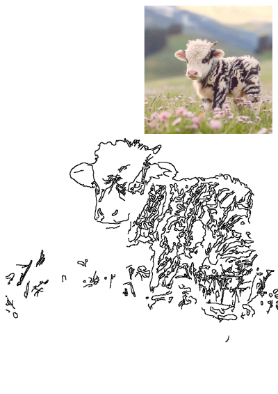 A black and white baby cow stands in a field of pink wildflowers, against a mountain backdrop. Cute calf on a rural landscape.