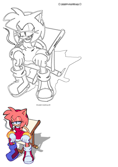Amy Rose sits in a beach chair smoking. The cartoon character is wearing her iconic dress, bracelets and boots. 