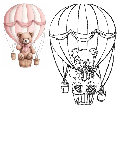 A cute illustration of a teddy bear wearing a pink bow tie in a basket under a pink and white striped hot air balloon.