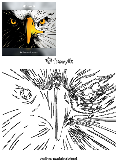 A striking eagle's head illustration on a black and white background with piercing yellow eyes. Detailed vector graphic, high resolution.