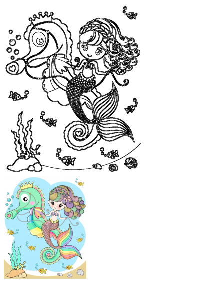 A cute illustration of a little mermaid riding on the back of a cartoon seahorse, complete with colorful scales and rainbow fins.