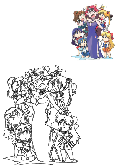 Anime character, Queen Beryl, surrounded by the Sailor Moon crew. A cute fan art image showing the tension between them. 