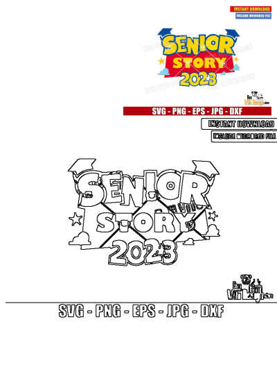Senior Story 2023 logo featuring a design with graduation caps, stars, and clouds. The logo for senior story 2013