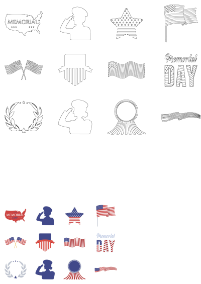 An image showcasing patriotic American symbols for Memorial Day, including the US flag, stars, stripes, military salute and the USA.