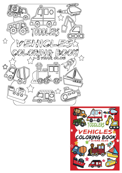The children's vehicles coloring book is in red and white with stars on it. Cover design shows various vehicles for toddlers coloring.