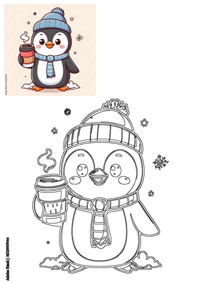 A cute cartoon penguin wearing a knitted hat and scarf, holding a cup of coffee on a winter background with snowflakes.