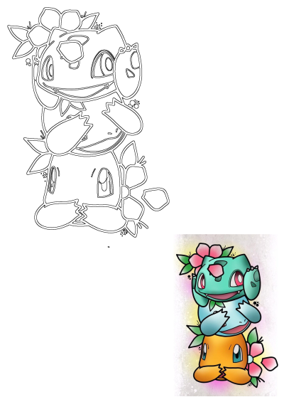 Cartoon image of Pokemon, including Bulbasaur, Squirtle, and Charmander stacked on top of each other, with flowers on Bulbasaur's head.
