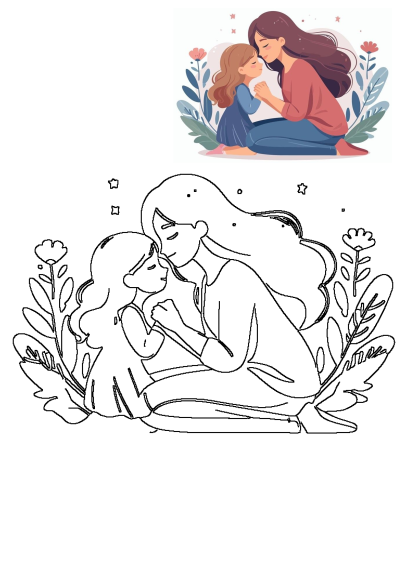 A heartwarming illustration of a mother and child embracing on the ground surrounded by flowers, showcasing maternal love and connection.
