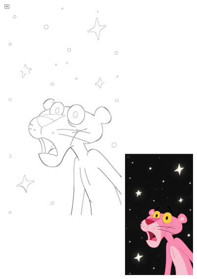 Cute Iphone wallpaper of The Pink Panther looking surprised against a starry night background. Generated in 2025. ??