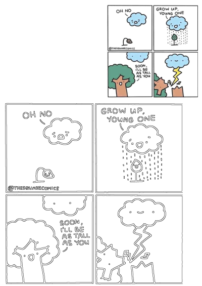 Relatable comic showing a cloud's journey, starting small and raining on a plant. A funny relatable moment in comic strip drawing.