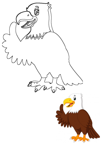 Cartoon style eagle standing with its wings not spread but giving a thumbs up. Fun illustration of an eagle standing tall.