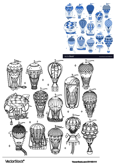 Image features various illustrations of hot air balloons in blue and white colors, showcasing unique shapes and designs.