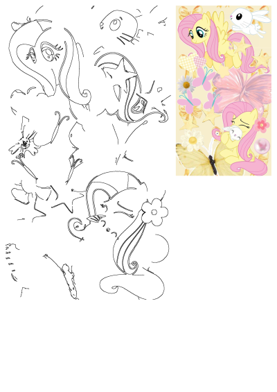 Two cute ponies surrounded by flowers, butterflies, a bunny, and stars. This is Fluttershy artwork featuring a whimsical and playful design.