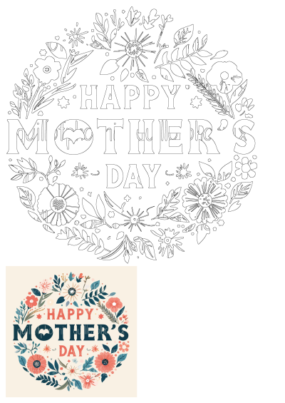 Happy Mother's Day card. The words 'Happy Mother's Day' are surrounded by colorful flowers and leaves on a white background.