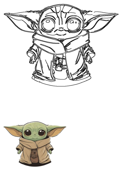 Adorable cartoon of Baby Yoda (Grogu) from The Mandalorian. Big eyes and cloak on this beloved Star Wars character. 