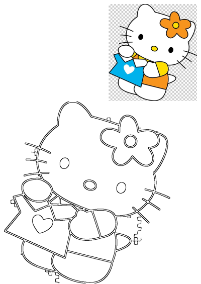 Hello Kitty holding a blue card with a white heart and an orange flower on her head. Transparent PNG clipart for creative designs.