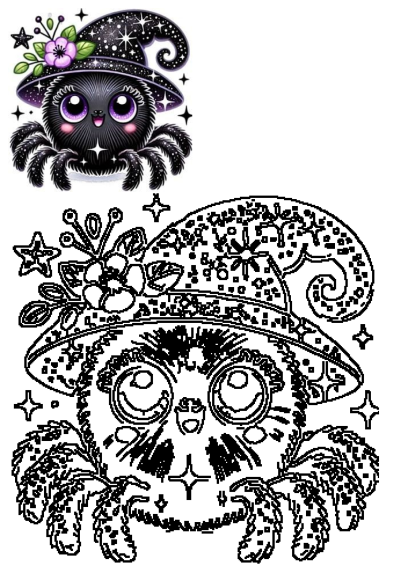 Illustration of a cute black cat wearing a witch's hat adorned with flowers, set against a starry background. Charming and whimsical artwork.