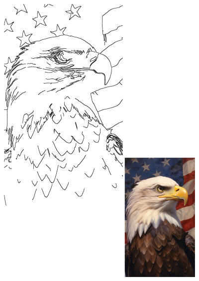 An eagle standing proudly in front of the American flag, with its head turned to the side, showcasing its sharp gaze and majestic presence. 