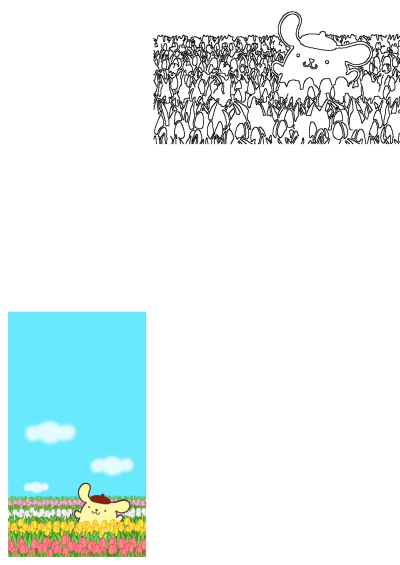 Cartoon Pompurin character is standing in the middle of a field with colorful tulips and flowers against a blue sky with clouds.