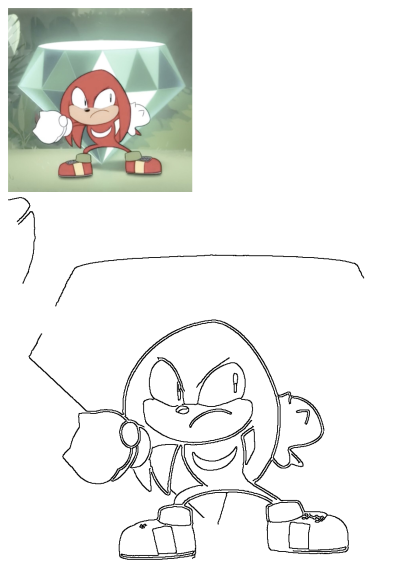 Image of Knuckles the Echidna, the guardian, standing protectively in front of a large, glowing diamond. From the Sonic the Hedgehog series.