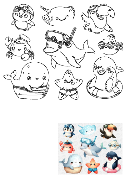 Cute sea animals illustration featuring a penguin, dolphin, whale, crab, and more. Various sea animals are grouped together with blue circles and dots.