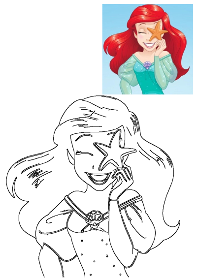 Disney's Little Mermaid, Ariel, is smiling and holding a starfish up to her eye in this vibrant image. The red-haired princess is playful and happy.