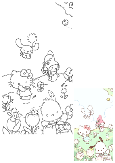Hello Kitty and her friends My Melody, Cinnamoroll, and Pochacco play in a flower field. Sanrio kawaii characters having fun outdoors.