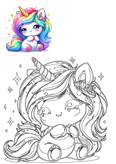 Charming chibi unicorn with rainbow mane, golden horn, and flowers, surrounded by sparkles, alongside a black and white outline for kids to color.