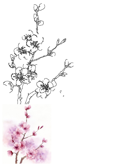 Watercolor painting showcasing delicate pink cherry blossoms on a branch with a soft purple and white background, creating a serene floral image.