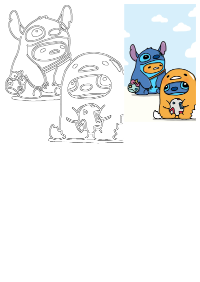 Two cartoon animals, Stitch and Gudetama, sit side-by-side on a field against a cloudy backdrop. Cute cartoon illustration.