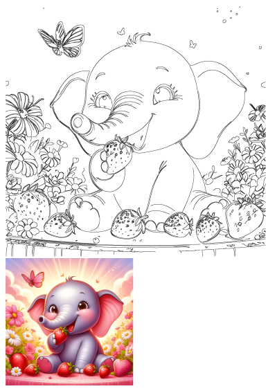 A cute cartoon elephant is eating strawberries on a pink tablecloth with flowers, butterflies. Adorable fruit snack! 
