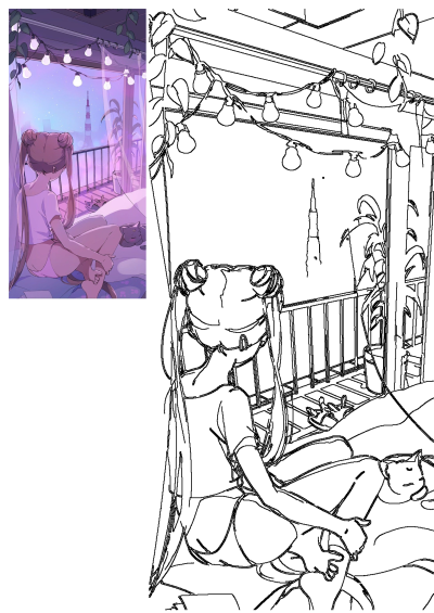 Sailor Moon sits on a balcony overlooking the Tokyo Tower. Aesthetic purple tones, string lights, and a cute cat add to the dreamy vibe.