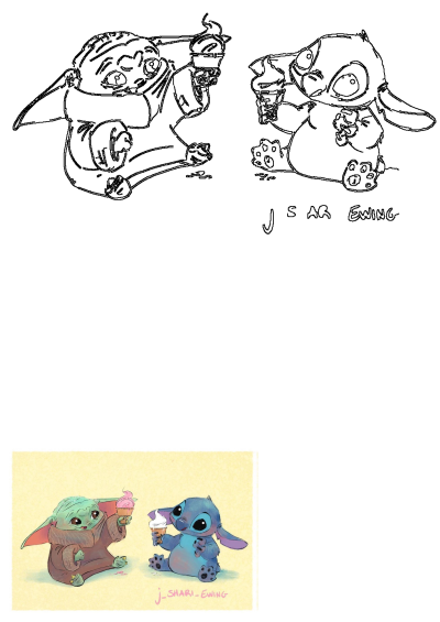 Two cartoon characters, Baby Yoda and Stitch, are eating ice cream. One is holding an ice cream sundae. Cute illustration by Shari Ewing.