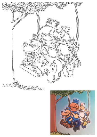 Cartoon image of Dog Man, Chief, and Nurse Gladwell, comic characters, together on a swing hanging from a tree. Joyful, playful scene.