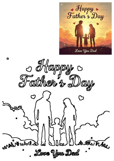 Happy Father's Day card with a silhouette of a family holding hands against a sunset background. 'Love You Dad' message at the bottom.