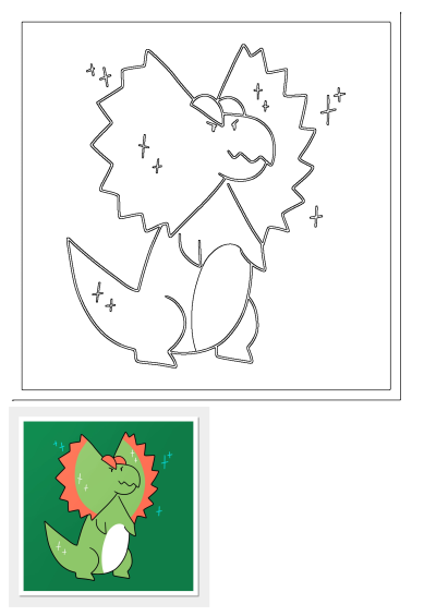 A green poster with an illustration of a cute cartoon Dilophosaurus dinosaur on a green background with decorative plus signs.