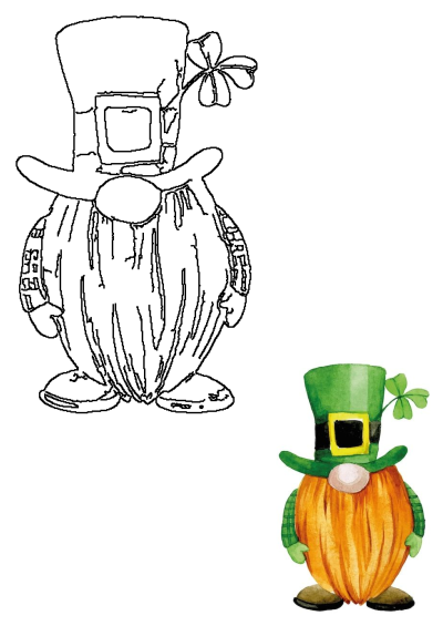 Watercolor illustration of a festive St. Patrick's Day gnome with a green hat, shamrock, and orange beard. Perfect for holiday designs.