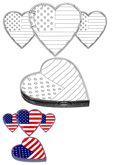 Image of heart-shaped plates adorned with the American flag design. Perfect for patriotic celebrations. Two heart shaped plates with american flags on them