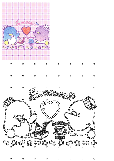 Two cartoon penguins sit side-by-side on a pink checkered background adorned with hearts and stars, creating a cute and whimsical illustration.