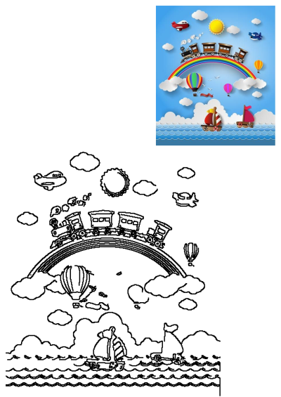 Rainbow with a train crossing over it, boats on the water and colorful hot air balloons and a plane flying above the clouds in the sky illustration.