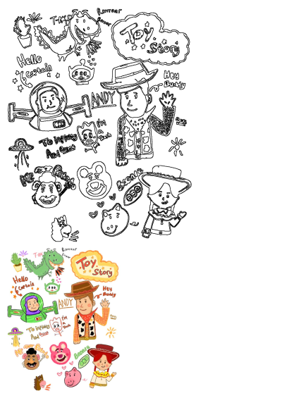An image of various cartoon characters. A colorful illustration featuring Toy Story's Woody, Buzz Lightyear, Rex, Jessie, and more iconic figures.