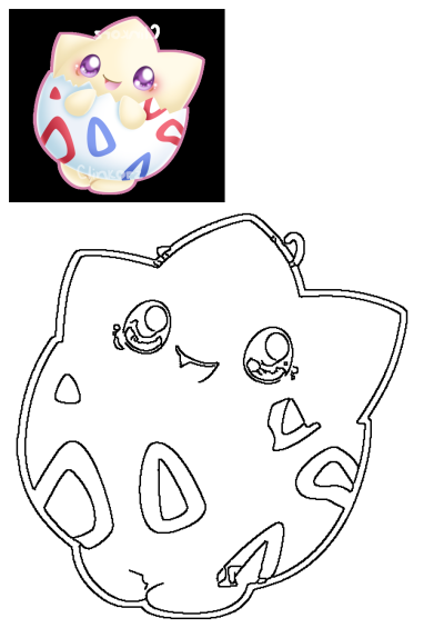 Image of a cute cartoon-style Togepi, a Pokemon character, emerging from a cracked egg with red and blue geometric designs on its shell.
