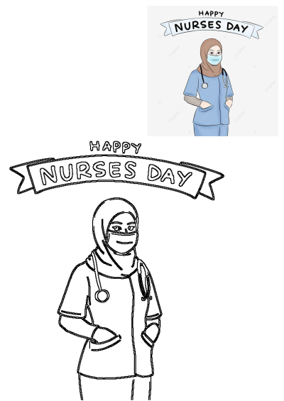 Happy Nurses Day! A drawing of a muslim nurse wearing a face mask with 'Happy Nurses Day' text. Honoring healthcare heroes during Nurses Week.