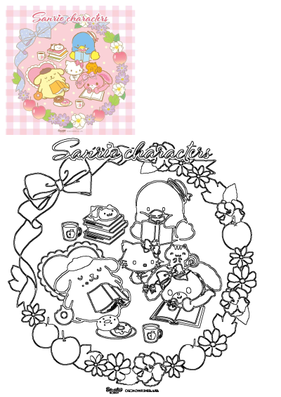 Sanrio characters (Hello Kitty, Pompompurin, My Melody, Tuxedo Sam, etc) are arranged in a circle with flowers, bows and apples on the side.