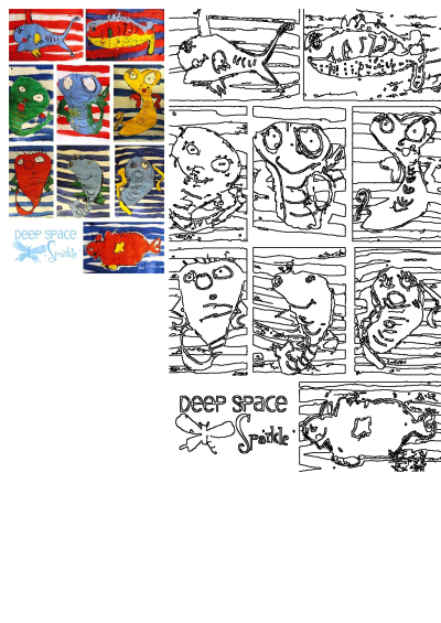 Colorful fish drawings created by kids. These vibrant artworks showcase creative expression and imagination from a Deep Space Sparkle art project.