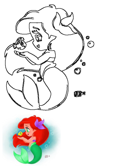 Adorable drawing of the little mermaid Ariel with red hair and green tail. She holds a small yellow fish in her hand, surrounded by bubbles.