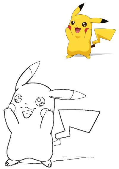 Cartoon Pikachu holding up a sign with its arms and legs in the air. Cheerful depiction of the popular Pokemon character.